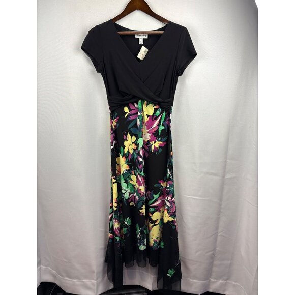 Women’s Joseph Ribkoff Size 8 Short Sleeve Black with Multicolored Florals Maxi - Picture 1 of 6